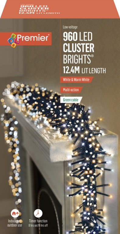 Premier 960 LED Multi Action Clusters Brights With Timer White/Warm White /Green Cable