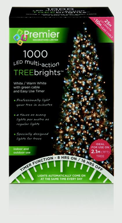 Premier 1000 LED Multi Action Treebrights With Timer White/Warm White/Green Cable