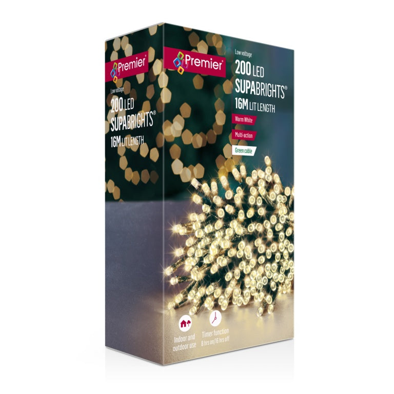 Premier 200 LED Multi Action Supabrights With Timer Warm White/Green Cable