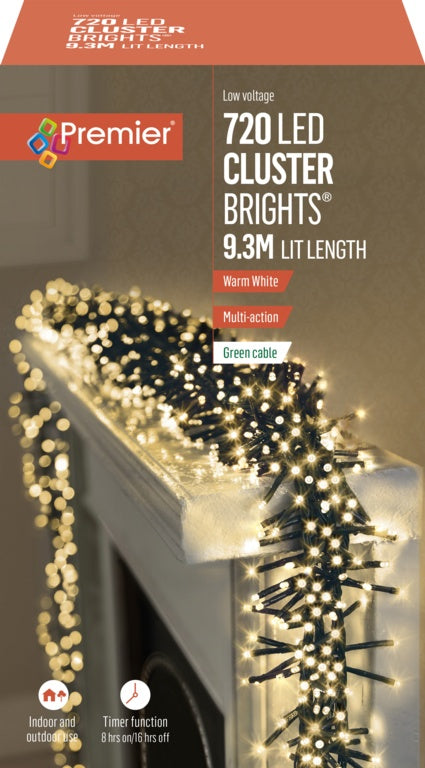 Premier 720 LED Multi Action Supabrights Cluster Lights With Timer Warm White/Green Cable