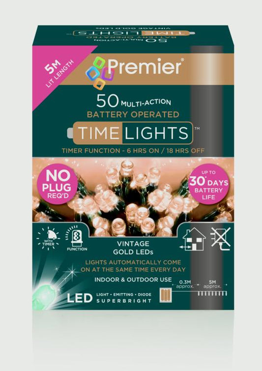 Premier 50 LED Multi Action Battery Operated TIMELIGHTS™ Vintage Gold/Green Cable