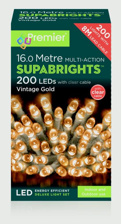 Premier 200 LED Multi Action Supabrights With Timer Vintage Gold/Clear Cable