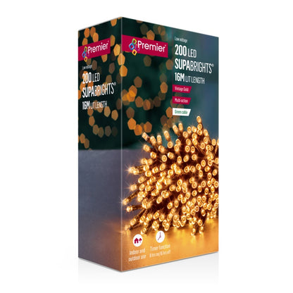 Premier 200 LED Multi Action Supabrights With Timer Vintage Gold/Green Cable