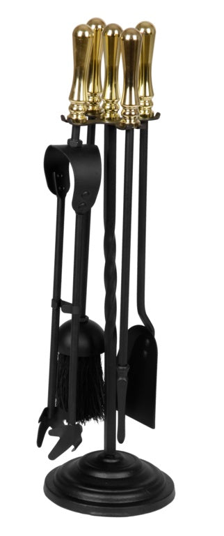 Black Companion Set With Round Base / Brass Handles 5 Piece
