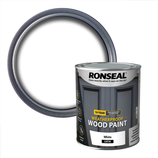 Ronseal 10 Year Weatherproof Satin Wood Paint 750ml White