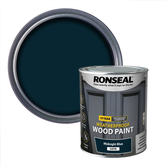 Ronseal 10 Year Weatherproof Satin Wood Paint 750ml Midnight Blue