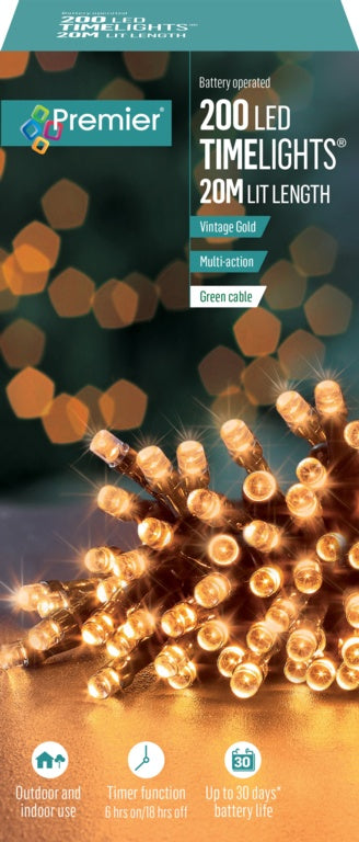 Premier 200 LED Multi Action Battery Operated TIMELIGHTS™ Vintage Gold/Green Cable