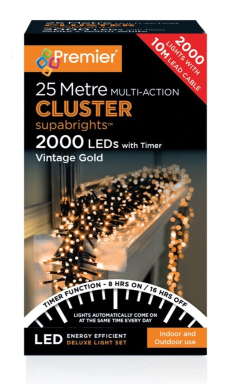 Premier 2000 LED Multi Action Supabrights Cluster Lights With Timer Vintage Gold/Green Cable