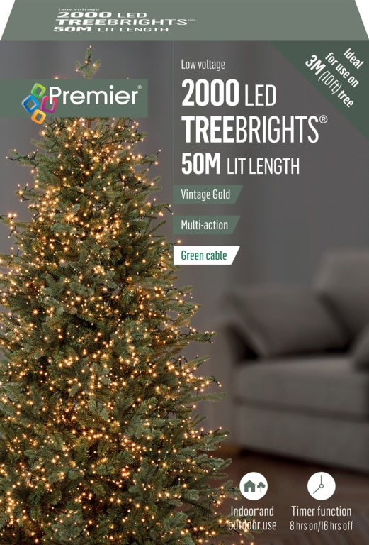 Premier 2000 LED Multi Action Treebrights With Timer Vintage Gold/Green Cable