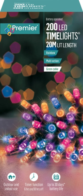 Premier 200 LED Multi Action Battery Operated TIMELIGHTS™ Rainbow/Green Cable