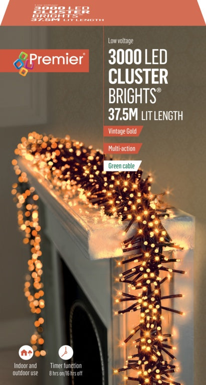 Premier 3000 LED Multi Action Cluster Brights With Timer Vintage Gold/Green Cable