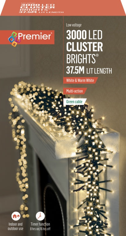 Premier 3000 LED Multi Action Cluster Brights With Timer Warm White/White/Green