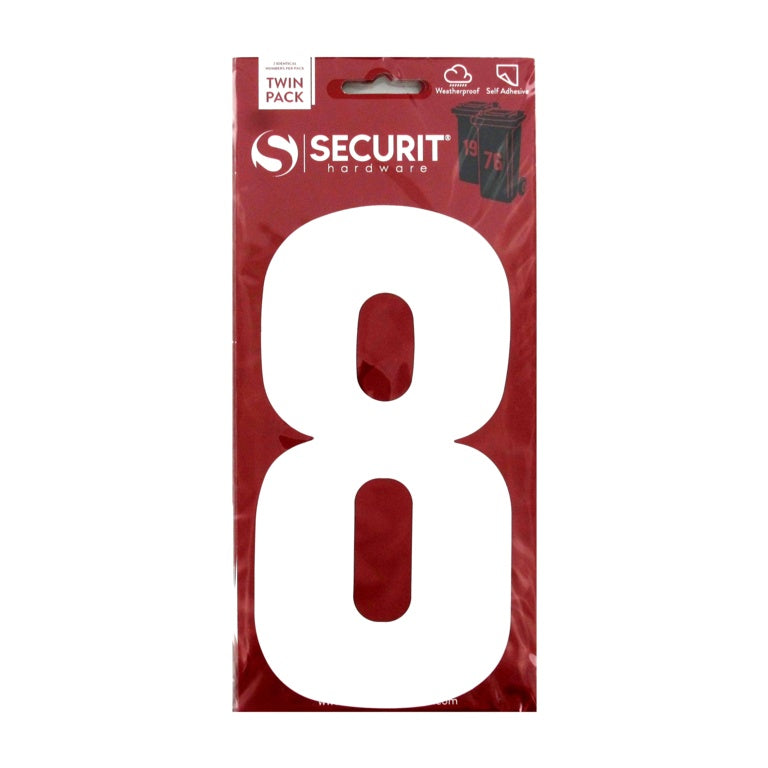 Securit White Self Adhesive Wheelie Bin Numbers Pack 2 No 8 170mm