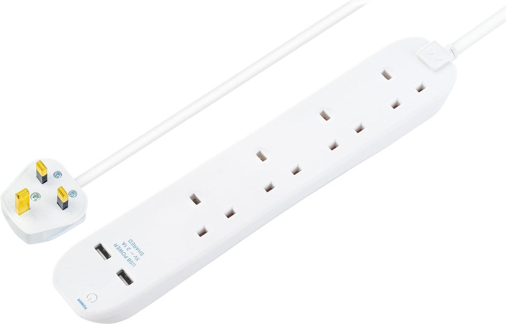 4 Gang Extension Lead With 2 x USB & 1m Cable