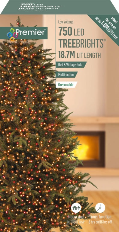 Premier 750 LED Multi Action Treebrights With Timer Red/Vintage Gold/Green Cable