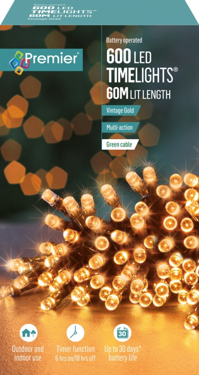 Premier 600 LED Multi Action Battery Operated TIMELIGHTS™ Vintage Gold/Green