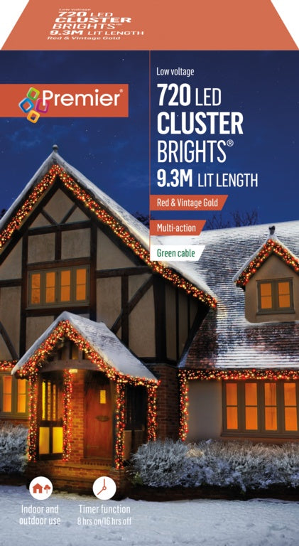 Premier 720 LED Multi Action Cluster Brights With Timer Red/Vintage Gold/Green Cable