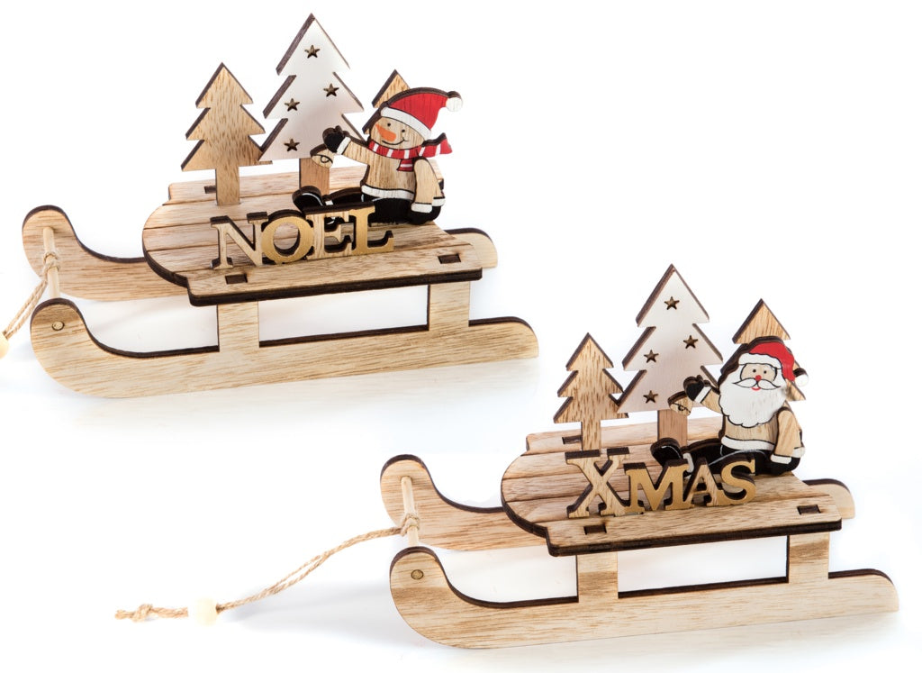 Premier Wooden Sleigh Santa Snowman Noel 19cm