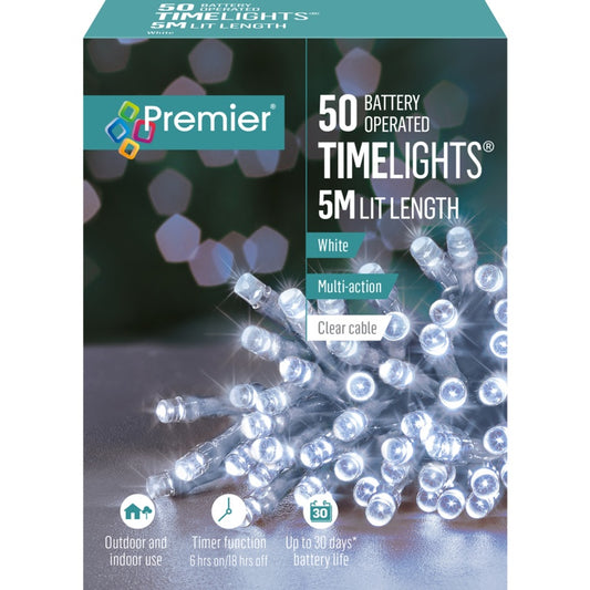 Premier 50 LED Multi Action Battery Operated TIMELIGHTS™ White/Clear Cable