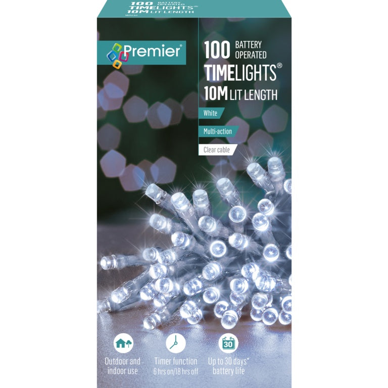 Premier 100 LED Multi Action Battery Operated TIMELIGHTS™ White/Clear Cable