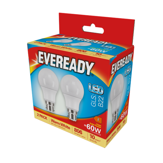 Eveready LED GLS BC B22 3000k Warm White Pack 2 8.8w