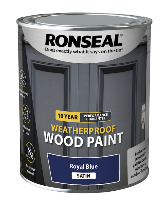 Ronseal 10 Year Weatherproof Satin Wood Paint 750ml Royal Blue