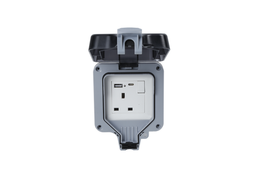 Securlec Single Outdoor Weatherproof Switched 1 Gang Socket With USB-A & USB-C
