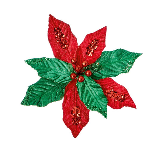 Premier Red & Green Poinsettia Clip On 25cm