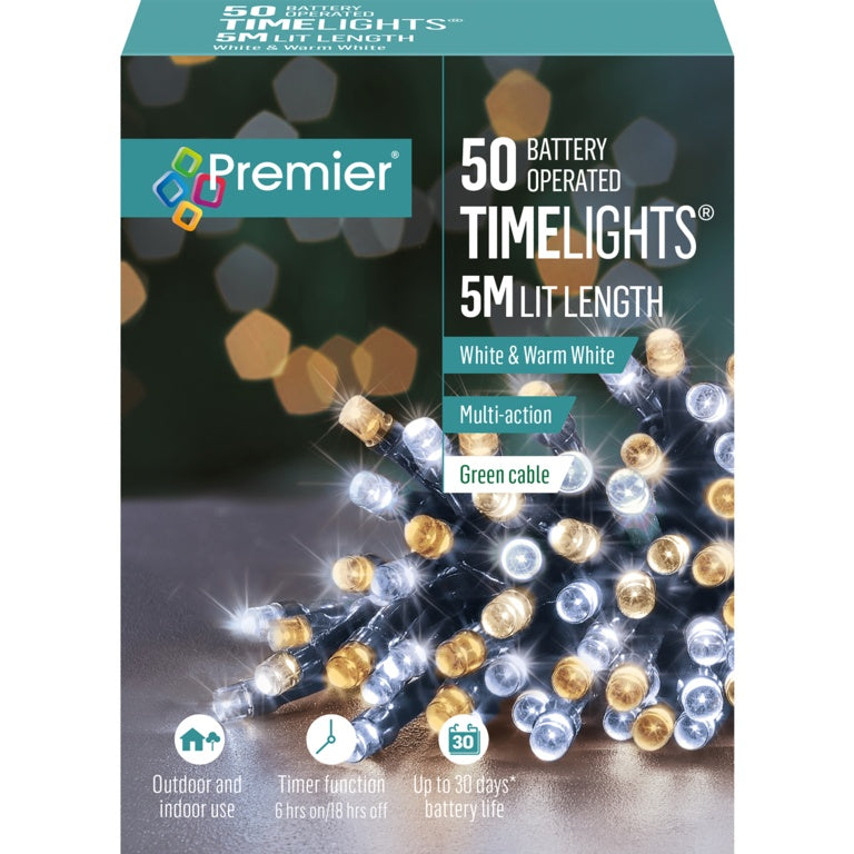 Premier 50 LED Multi Action Battery Operated TIMELIGHTS™ White/Warm White/Green Cable