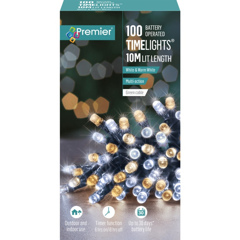 Premier 100 LED Multi Action Battery Operated TIMELIGHTS™ White/Warm White/Green Cable