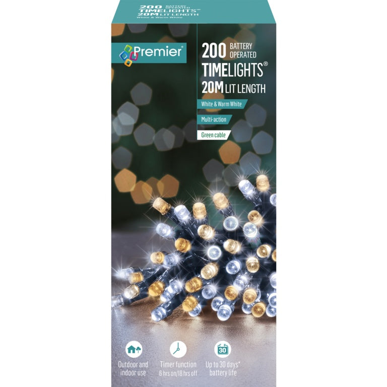 Premier 200 LED Multi Action Battery Operated TIMELIGHTS™ White/Warm White/Green Cable