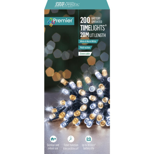 Premier 200 LED Multi Action Battery Operated TIMELIGHTS™ White/Warm White/Green Cable