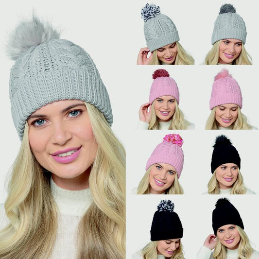 RJM Ladies Cable Hat With 3 Detachable Pompom
