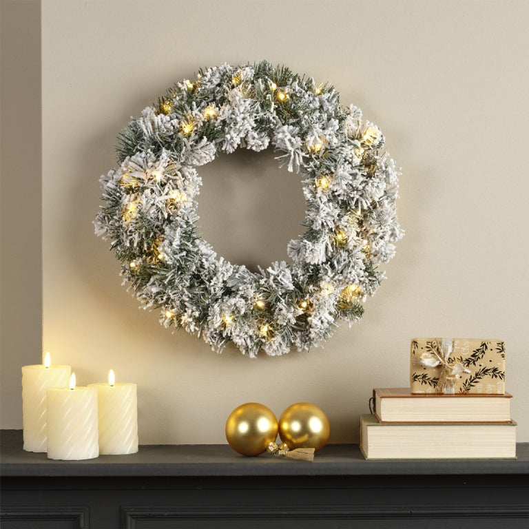 Kaemingk Imperial Snowy Green Wreath With Warm White LEDs 50cm