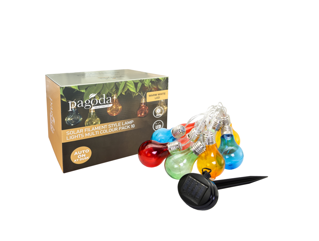 Pagoda Solar Filament Style Lights Pack 10 Multi Coloured