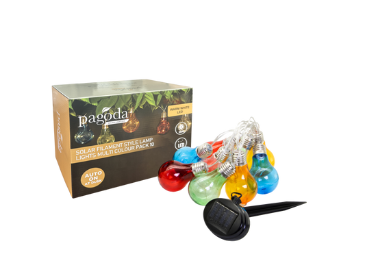 Pagoda Solar Filament Style Lights Pack 10 Multi Coloured