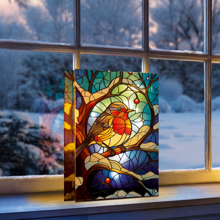 Premier Battery Operated Lit Glass Robin Table Top 50 LED Warm White 21x28