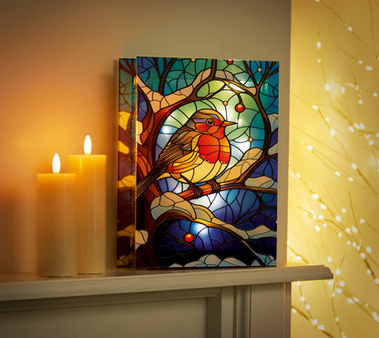 Premier Battery Operated Lit Glass Robin Table Top 50 LED Warm White 21x28