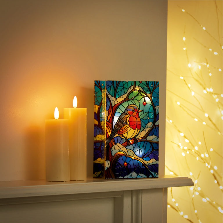 Premier Battery Operated Lit Robin Branch Glass Table Top 50 Warm White LEDs 21x13