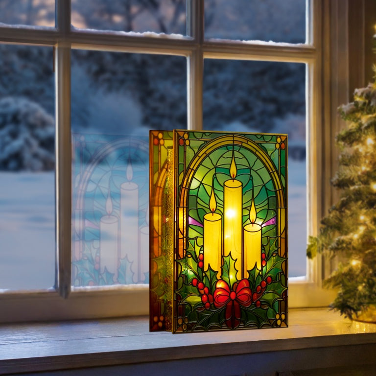 Premier Battery Operated Lit Candles & Holly Glass Table Top 50 Warm White LEDs 21x13