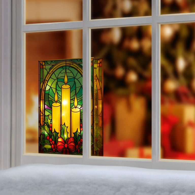 Premier Battery Operated Lit Candles & Holly Glass Table Top 50 Warm White LEDs 21x13