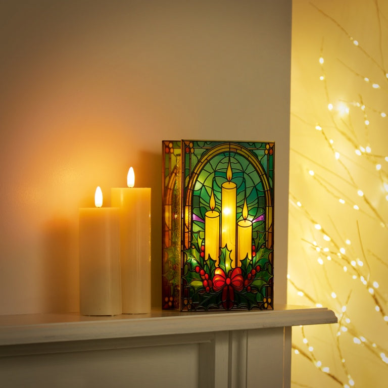 Premier Battery Operated Lit Candles & Holly Glass Table Top 50 Warm White LEDs 21x13