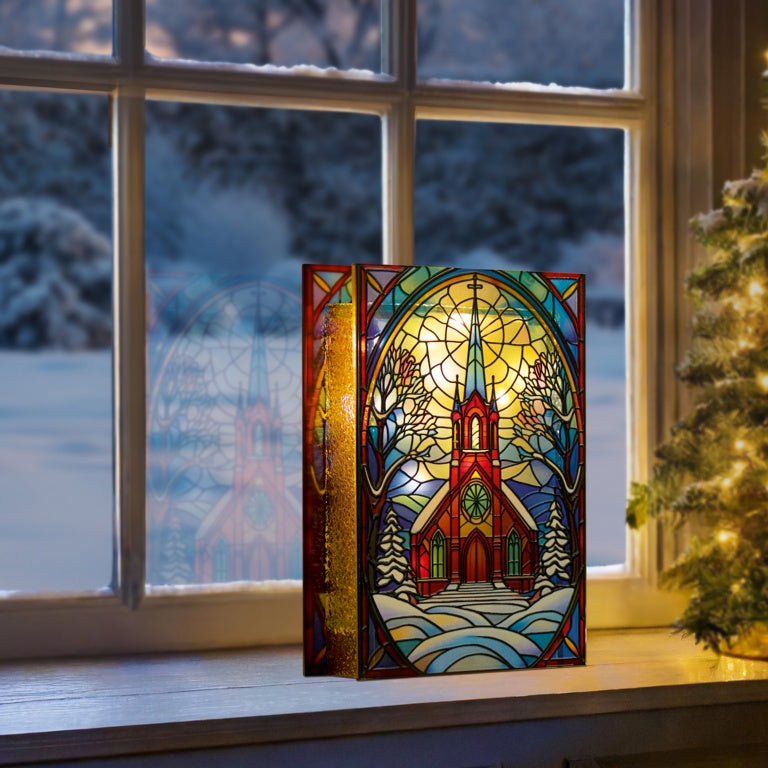 Premier Battery Operated Lit Village Church Glass Table Top 50 Warm White LEDs 21x13