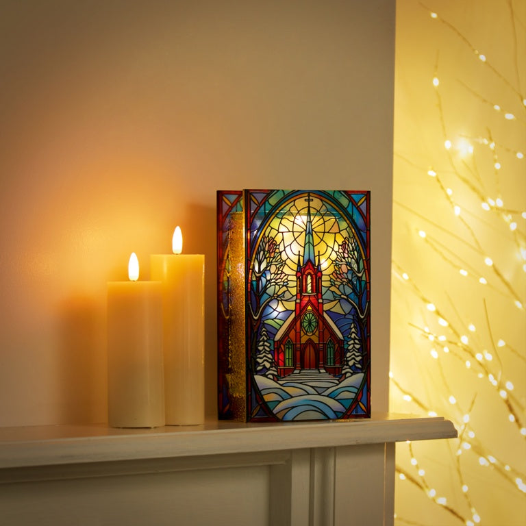 Premier Battery Operated Lit Village Church Glass Table Top 50 Warm White LEDs 21x13
