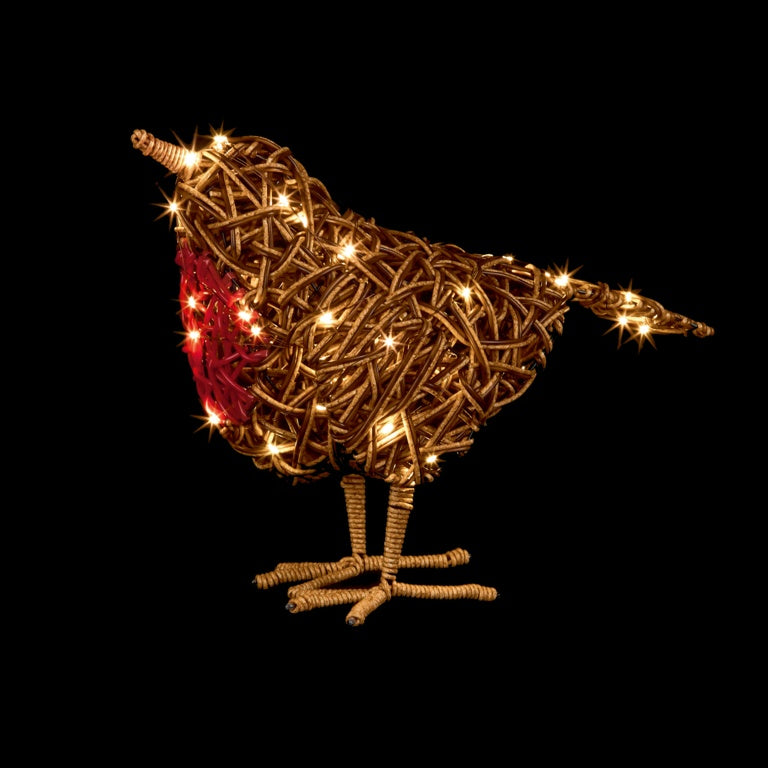 Premier Lit Battery Operated Rattan Robin With 50 Warm White LEDs 40cm