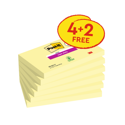 Post-it® Super Sticky Yellow Notes 76 mm x 127 mm 90 Sheets 4 Pads Plus 2 Free