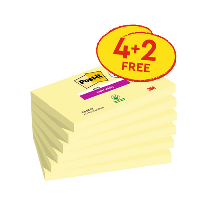 Post-it® Super Sticky Yellow Notes 76 mm x 127 mm 90 Sheets 4 Pads Plus 2 Free