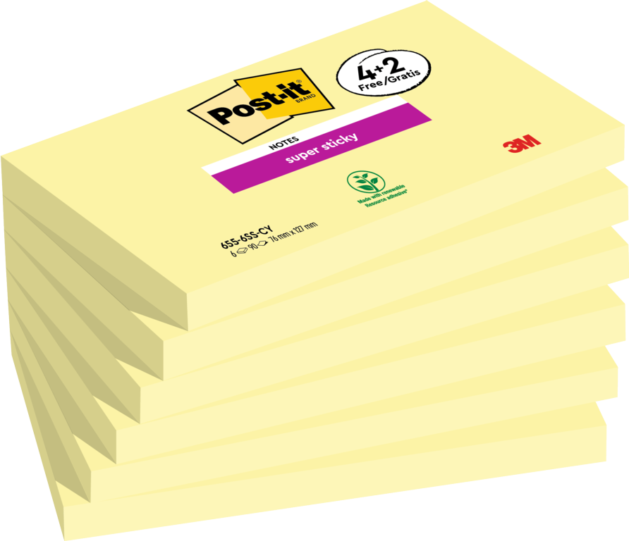 Post-it® Super Sticky Yellow Notes 76 mm x 127 mm 90 Sheets 4 Pads Plus 2 Free