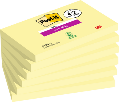 Post-it® Super Sticky Yellow Notes 76 mm x 127 mm 90 Sheets 4 Pads Plus 2 Free