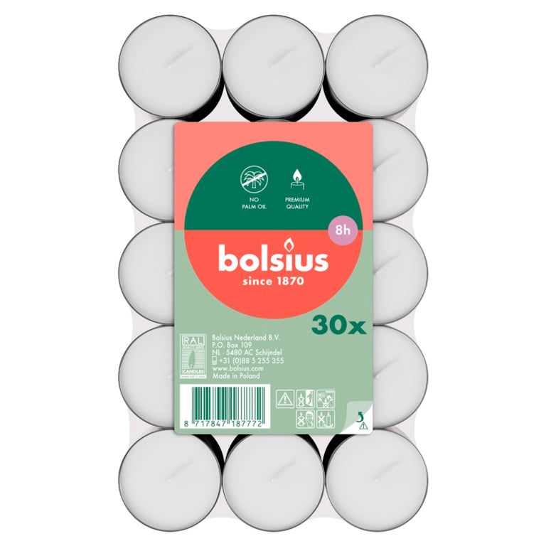 Bolsius Tealights 8 Hour White Box 30